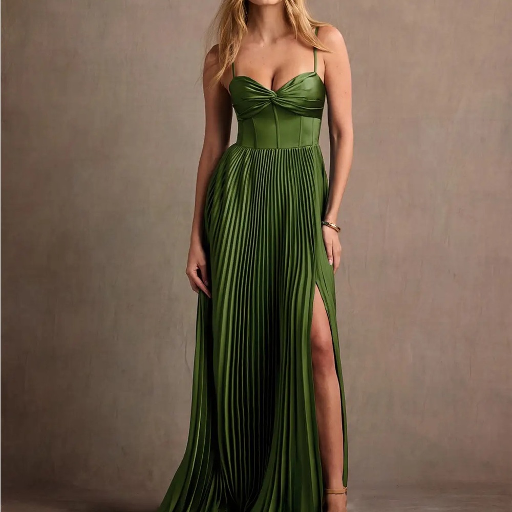 Azazie Green Pleated Maxi Dress, Olive Green Wedding Guest Formal Dress